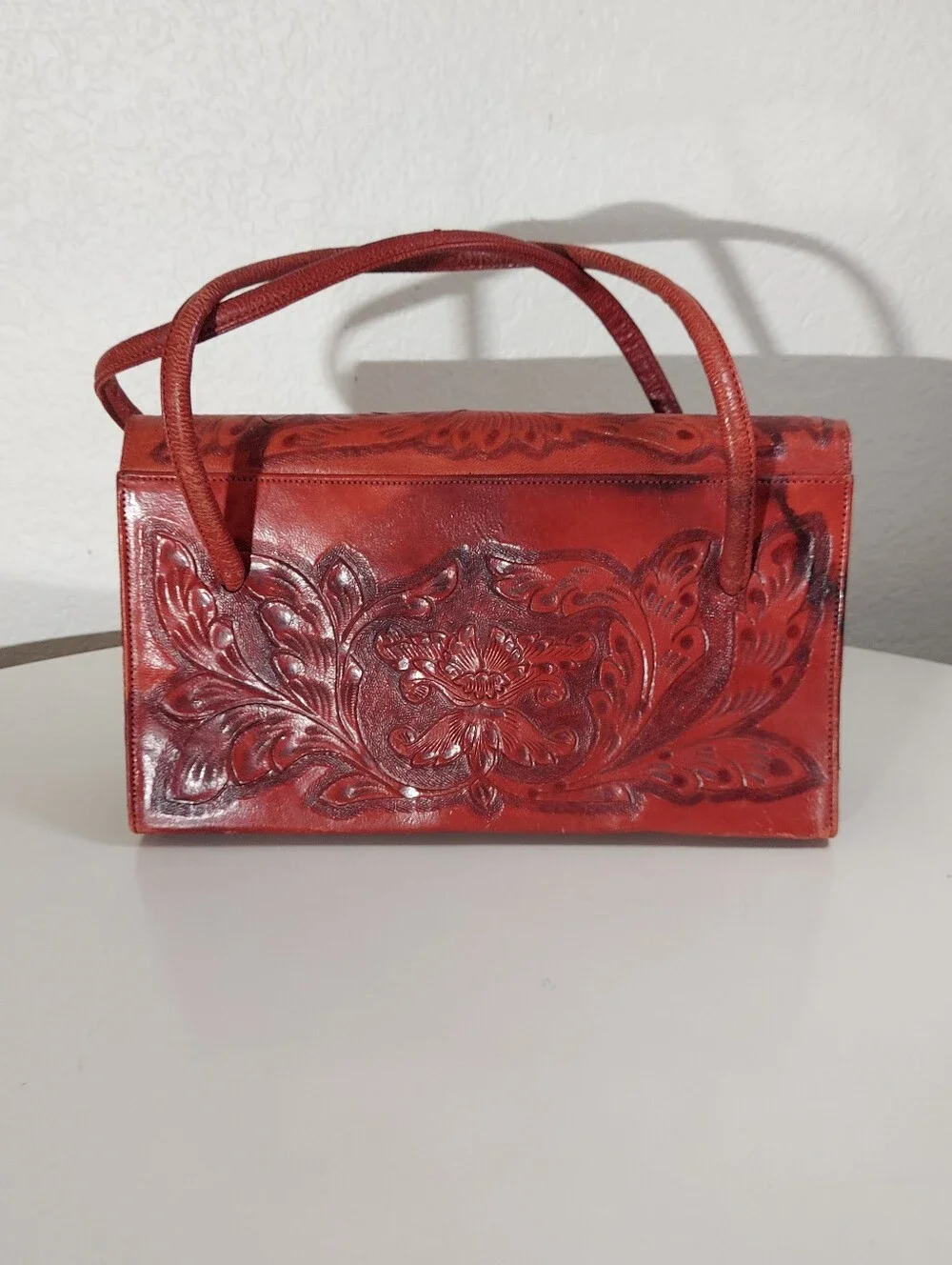 Vintage Red Floral Tooled Leather Mid-Century Artisan Satchel Hand Bag Purse
